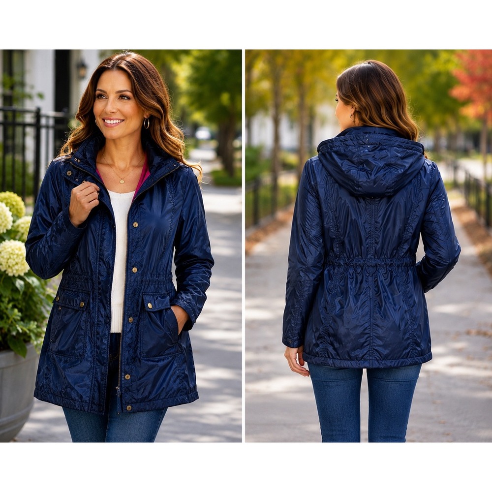 DKNY Navy Rain Jacket Medium‎ Hooded Lightweight Coastal Chic Coat
